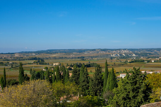 Scenic Agricultural Landscape Typical of Provence. View from Medieval Village of Sablet, Provence, France. Wine Plain of Vaucluse which Includes of C&ocirc;te du Rh&ocirc;ne Rasteau, Gigondas, Cairanne.