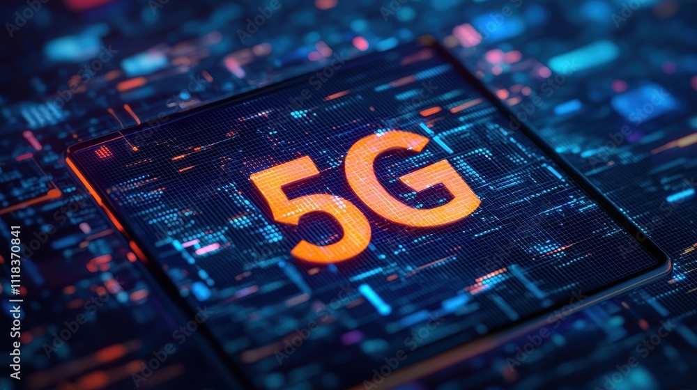 Poster a futuristic representation of 5g technology, featuring vibrant colors and digital patterns, emphasi