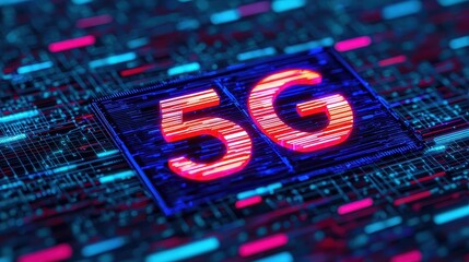 A vibrant representation of 5G technology, showcasing a futuristic digital network with glowing elements on a blue and pink background.