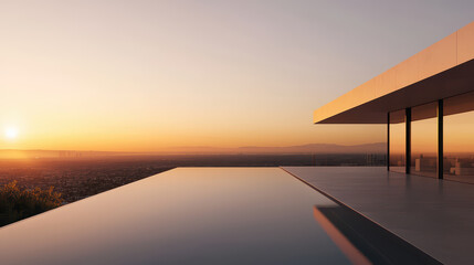 high tech penthouse features stunning infinity pool overlooking sunset view. sleek design and modern architecture create serene atmosphere for relaxation
