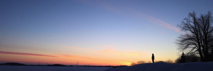 Fototapeta premium A serene winter sunrise with crisp blue sky, pink pastel clouds, and a dark silhouette, solitude, picturesque, serene
