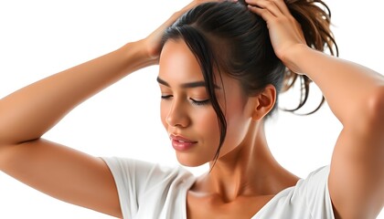Naklejka premium Tired Woman Rubbing Her Temples with Eyes Closed Against a White Backdrop