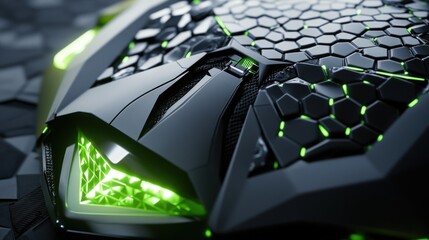 Close-up of futuristic vehicle's hexagonal, dark-green illuminated body.