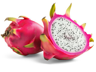 Sliced and whole dragon fruit showcasing its bright colors and unique texture isolated on transparent background