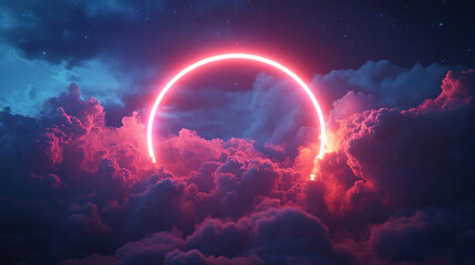 Dreamy abstract cloud with vibrant neon ring on a starry night background