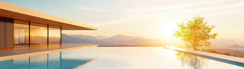 luxury contemporary villa features infinity pool overlooking stunning mountains at sunset. serene atmosphere invites relaxation and tranquility