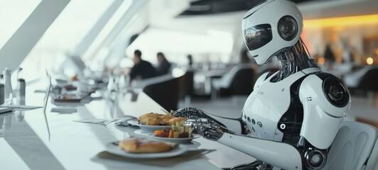 Fototapeta premium Futuristic Restaurant: A Robot Enjoying a Meal