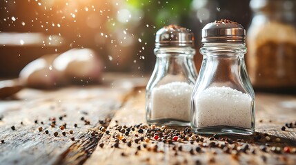 Two glass salt and pepper shakers on rustic wooden table with spices.