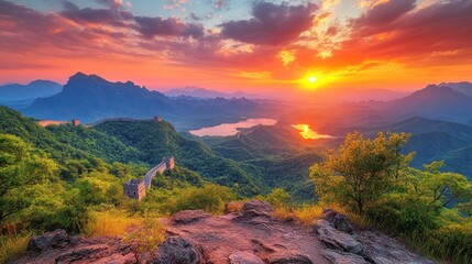 Majestic sunset over the Great Wall of China, mountain ranges, and a serene valley.