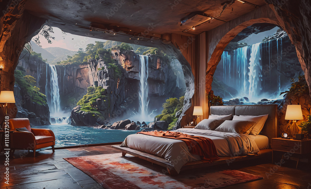 Poster a bedroom with a waterfall view and a chair. the room is decorated with a red and white color scheme