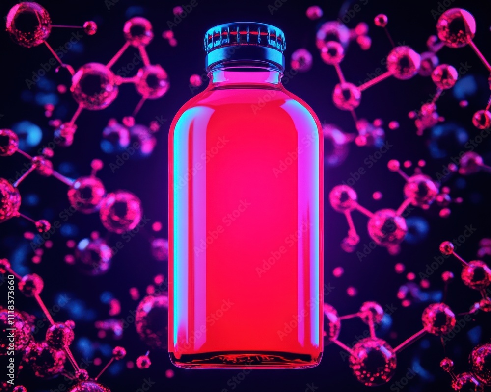 Poster vibrant red bottle surrounded by glowing molecular structures in a futuristic background representin