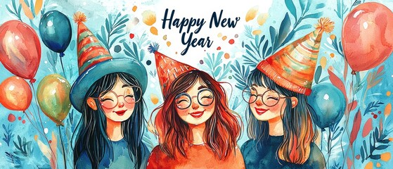 The image features three cheerful women wearing party hats, celebrating the New Year with colorful balloons and a festive background.