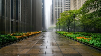 Fototapeta premium A lonely sidewalk framed by towering, modern buildings and sparse greenery, enveloped in a chilly mist.