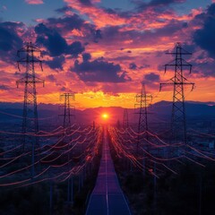 A stunning sunset view with power lines stretching along a road, creating a vibrant landscape.