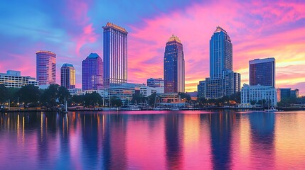 Naklejka premium Vibrant cityscape skyline at sunrise reflected in calm water.