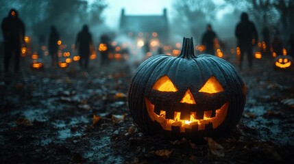 Naklejka premium Glowing jack-o'-lantern in a spooky Halloween scene with figures carrying lanterns.