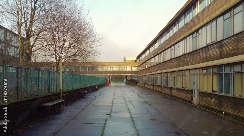 Poster a long, empty footpath with urban structures on both sides and leafless trees under a serene, cold s