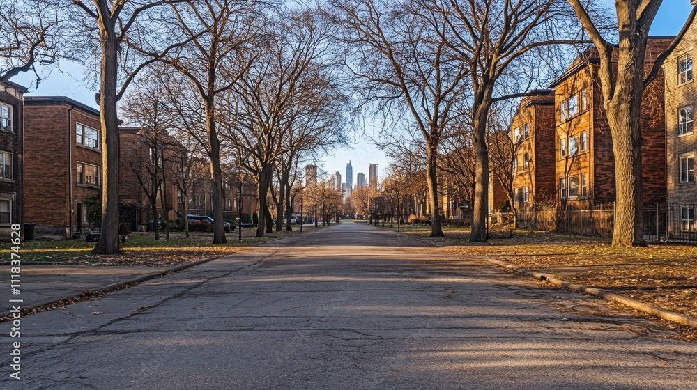 Poster a long, empty footpath with urban structures on both sides and leafless trees under a serene, cold s