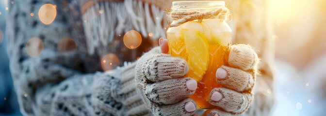 Female hands holding cup of tea with lemon on wooden table with autumn leaves, pumpkins 
