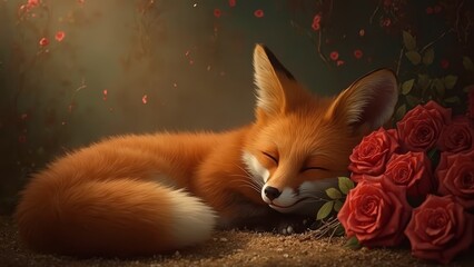 A fox sleeping next to a bunch of red roses