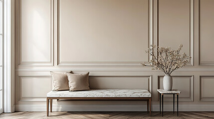Elegant modern entryway showcasing a bench with pillows and a marble console against beige paneling