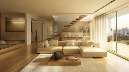 Fototapeta premium Bright and airy living room with a large L-shaped sofa, oak wooden floor, and soft rugs, perfect for comfortable gatherings