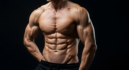 Obraz premium Slim muscular male model at black background. Fitness shirtless guy in black sport pants posing in studio. Man with six pack abs looking at camera.