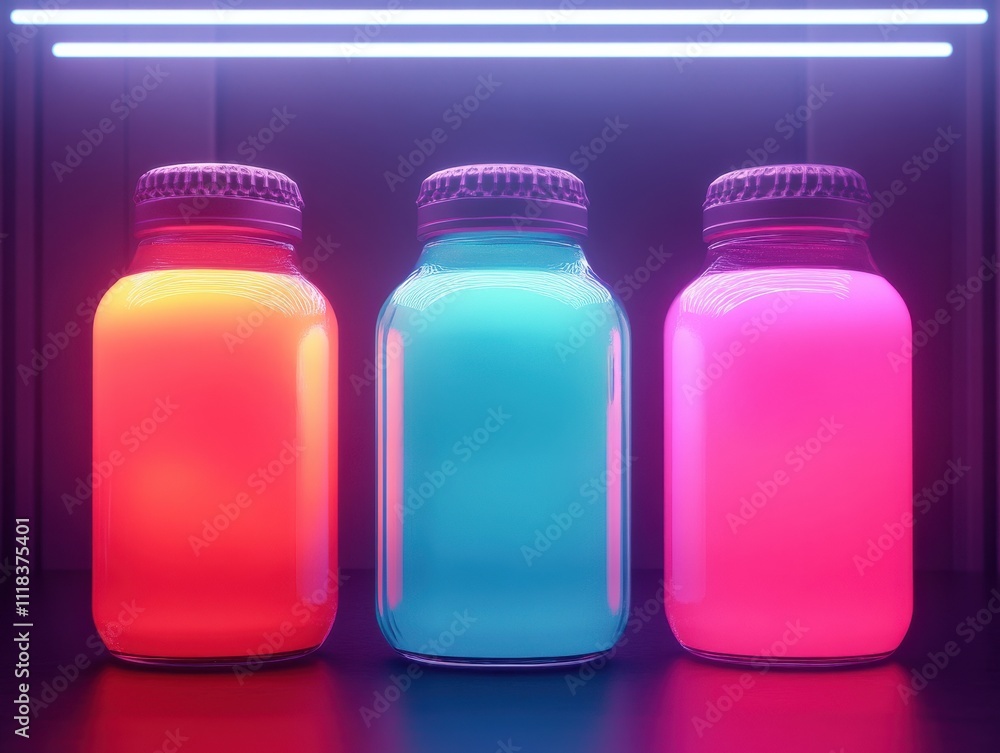 Poster vibrant and colorful glass jars with neon liquid in a contemporary setting, illuminated by soft neon