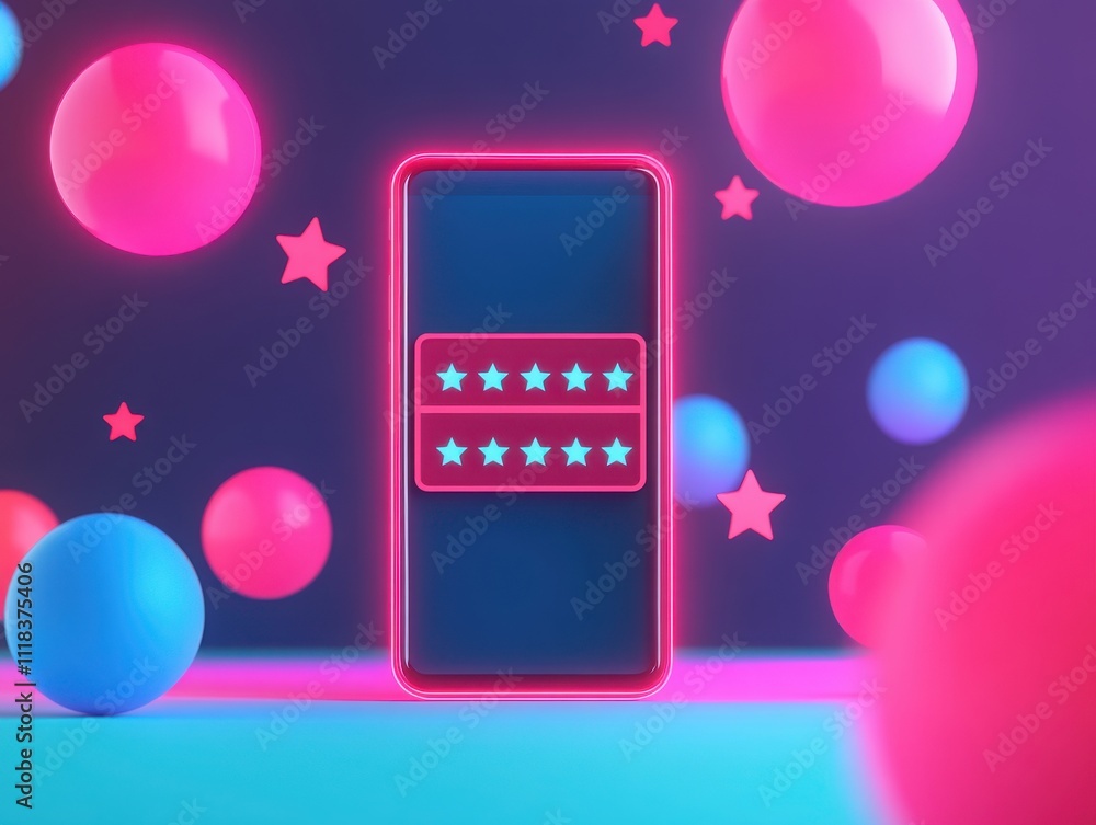 Poster a vibrant smartphone displaying a rating interface surrounded by colorful geometric shapes and playf