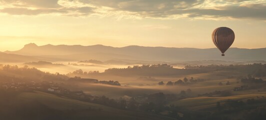 Serene Sunrise Hot Air Balloon Flight Over Misty Valley