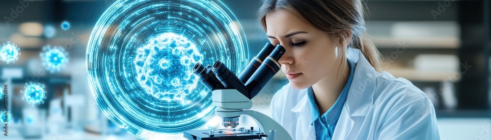 Poster laboratory scientist observing microscopic cells through microscope with digital visualization of vi