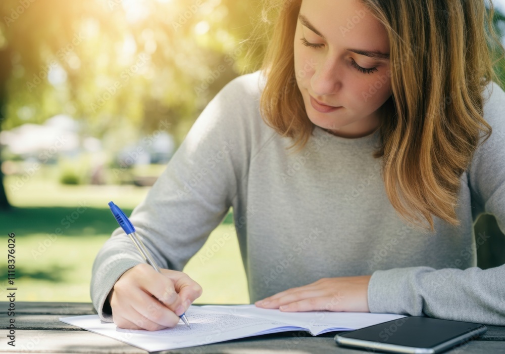 Poster student is taking notes in notebook while learning in park