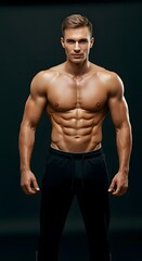 Fototapeta premium Slim muscular male model at black background. Fitness shirtless guy in black sport pants posing in studio. Man with six pack abs looking at camera.