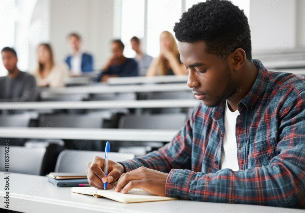 Poster concentrated male student is taking notes in notebook during lecture in university classroom