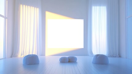 A minimalist theater room featuring a blank screen, sheer curtains, and understated seating.