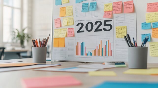 A workspace with colorful sticky notes, a calendar for 2025, and graphs to inspire organization and planning.
