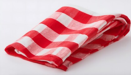 Fototapeta premium A neatly folded red and white checkered tablecloth placed isolated against a plain white background, evoking feelings of simplicity and rustic charm, perfect for home and kitchen decor.