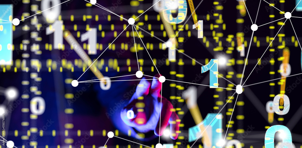 Poster Global network. Blockchain. 3D illustration. Neural networks and artificial intelligence. Abstract