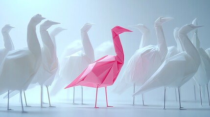 A group of white and pink origami birds standing in a row