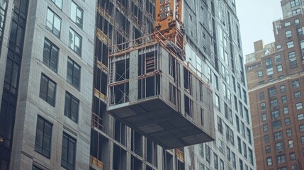 Fototapeta premium Crane lifting prefabricated section during high-rise construction.