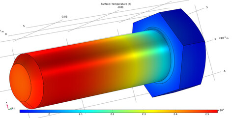 Metal bolt, screw drawing. Computer technic  3d modeling of steel mechanical part. Thermal cad analysis. Investigation of temperature distribution on surface of mechanical part. © TKalinovskaya