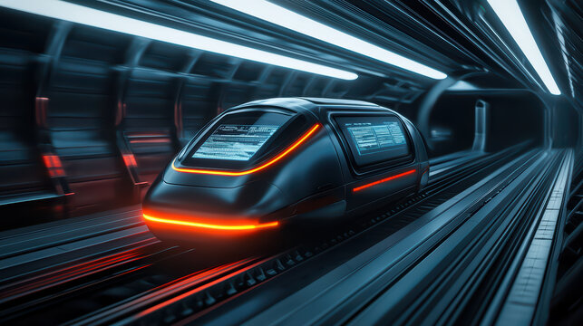 futuristic autonomous transport system in sleek tunnel, featuring streamlined hyperloop vehicle with glowing accents. design emphasizes advanced technology and speed