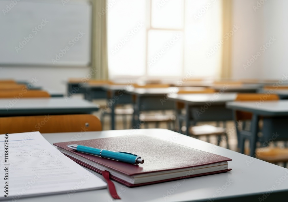 Poster empty classroom with notebook and pen on desk, ready for learning and studying