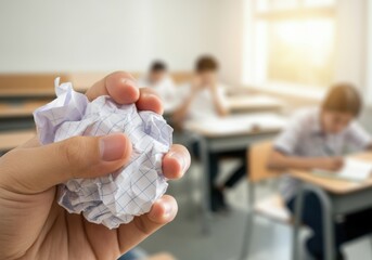 Hand crumpling graph paper, symbolizing stress or giving up during an exam, with blurred students in background