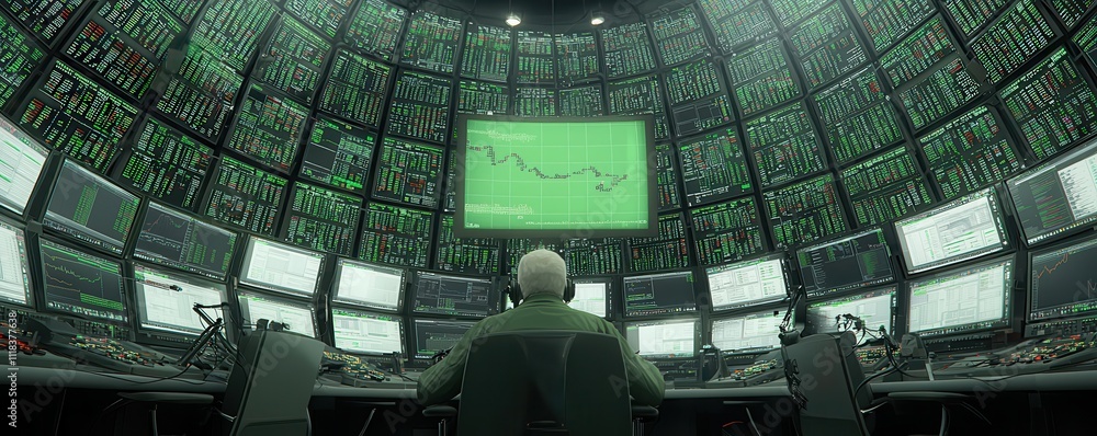 Poster a person analyzing data in a high-tech control room.