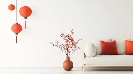 Modern living room with a minimalist design featuring red accents and decorative elements