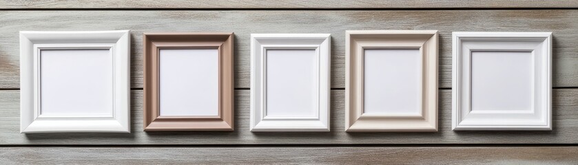 Empty picture frames arranged on a wooden background.
