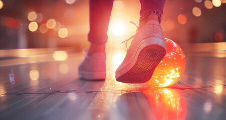 A persons feet in the sunset christmas lights on the street 