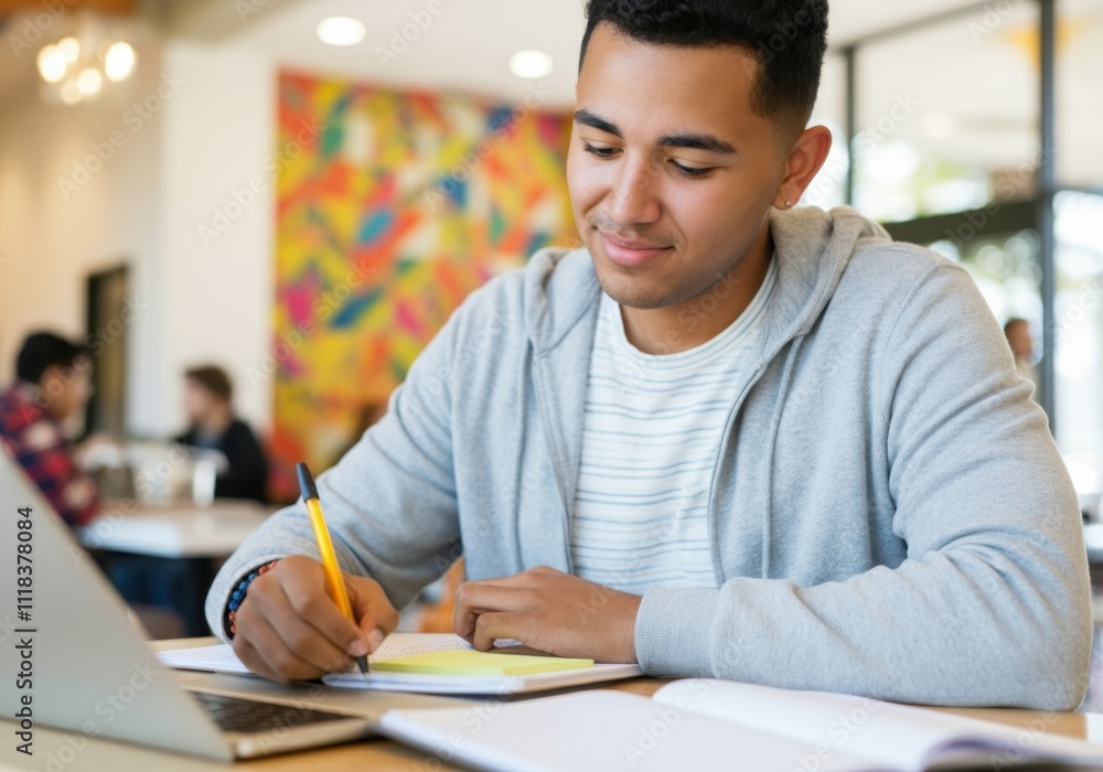 Poster young man taking notes in notebook while studying with laptop in busy university cafeteria