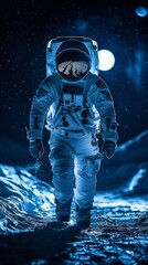 Fototapeta premium Astronaut Walking on the Moon in Stunning Nighttime Scene